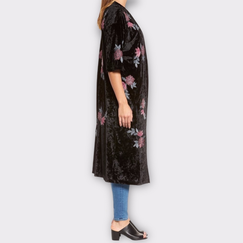 NWT Billy T Embroidered Floral Crushed Velvet Robe Kimono Duster Jacket - Picture 14 of 16